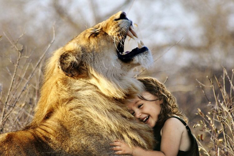 imagem de criança a abraçar um leão